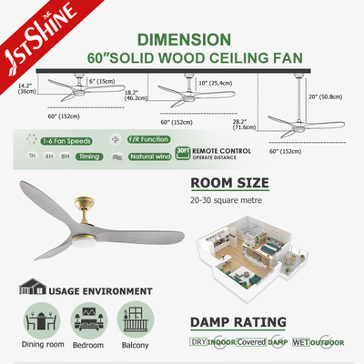 low Noise 60" Ceiling Fan 3 Blade Solid Wood Hotel Smart Dc dimmable Led